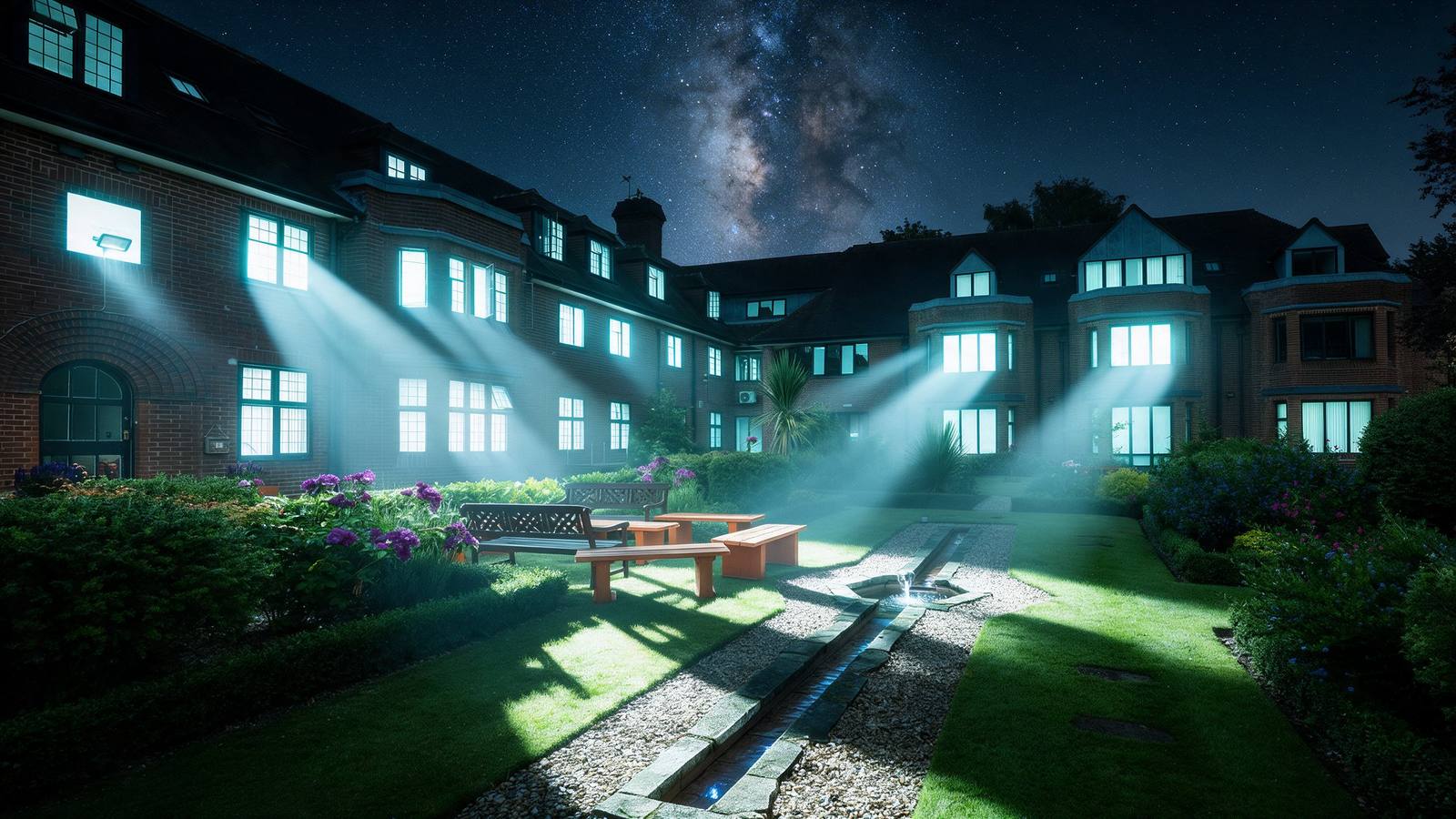 The courtyard garden at Al-Mahdi Institute at night